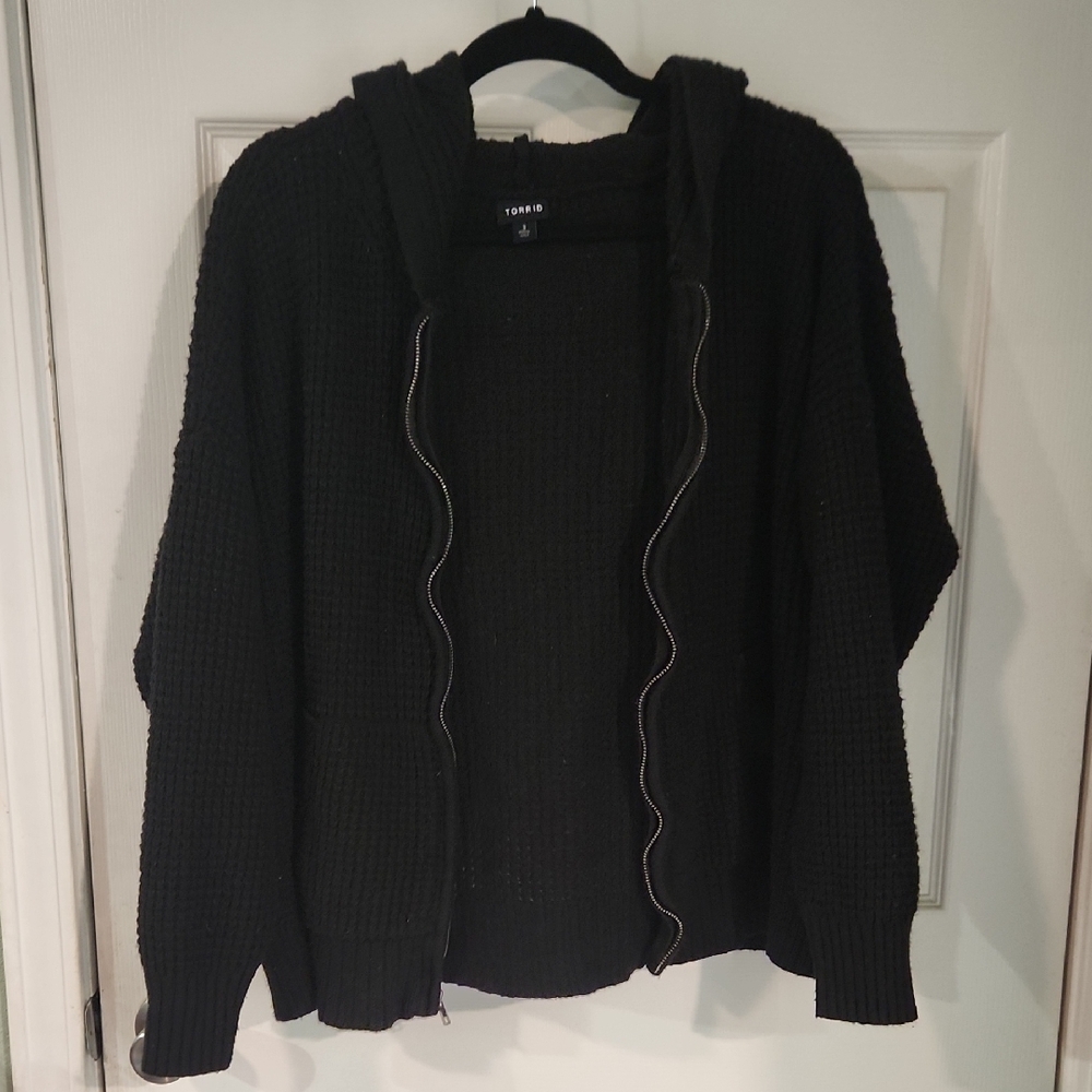 torrid Black Hooded Waffle Knit Zip Cardigan